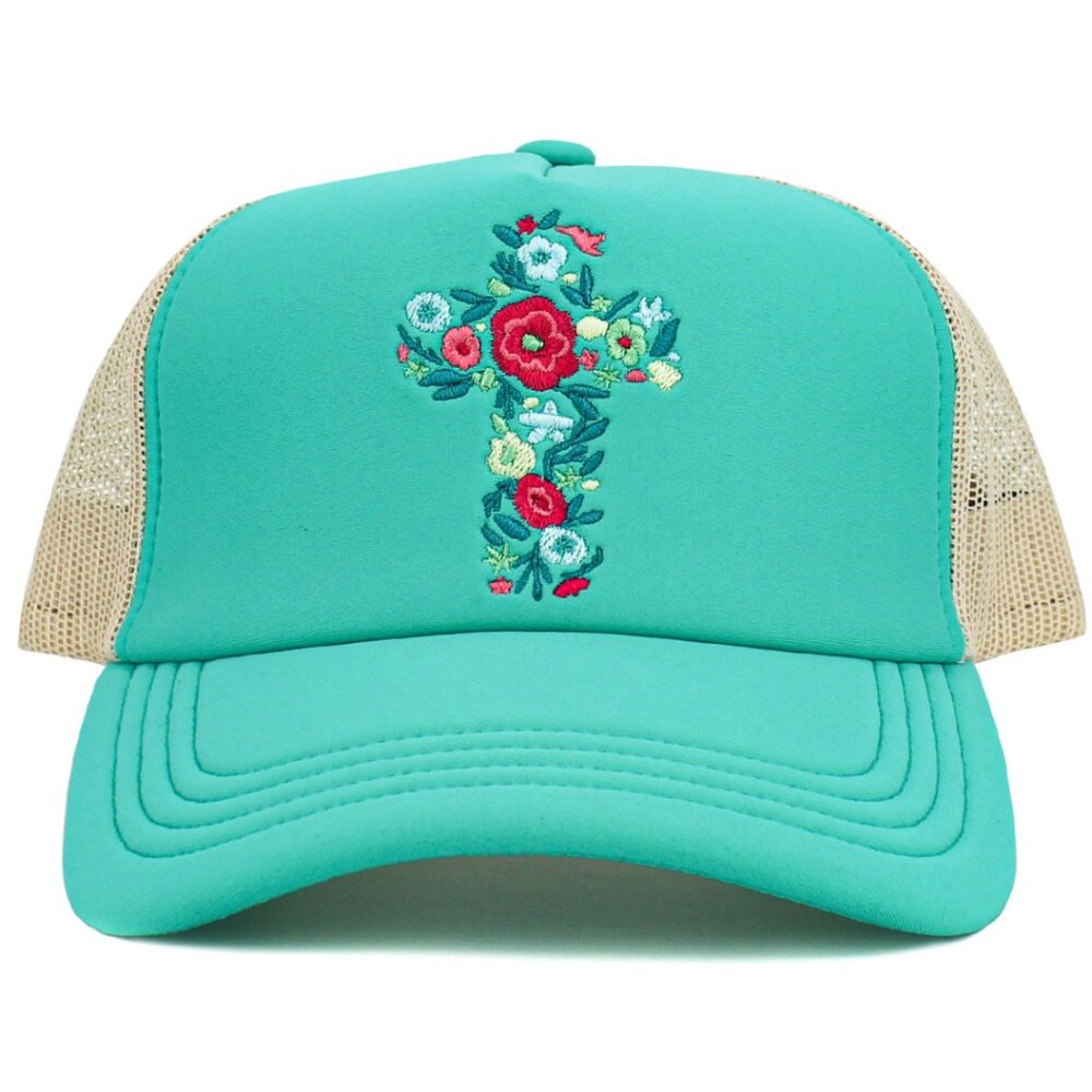KBETHOS Floral Cross Embroidered Trucker Hat Baseball Cap Turquoise NWT
